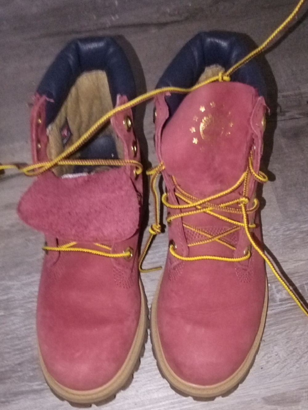 Red Suede Timberland Boots with Yellow Laces